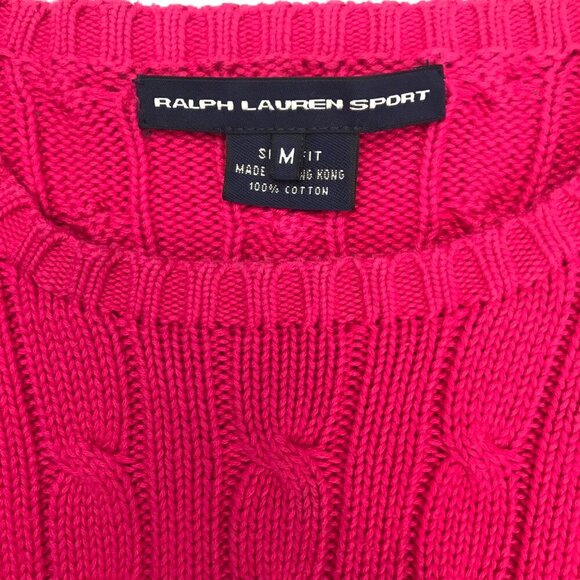 RALPH LAUREN SPORT Slim Fit Pink Raspberry M Crew Neck Cable Sweater - Picture 5 of 7
